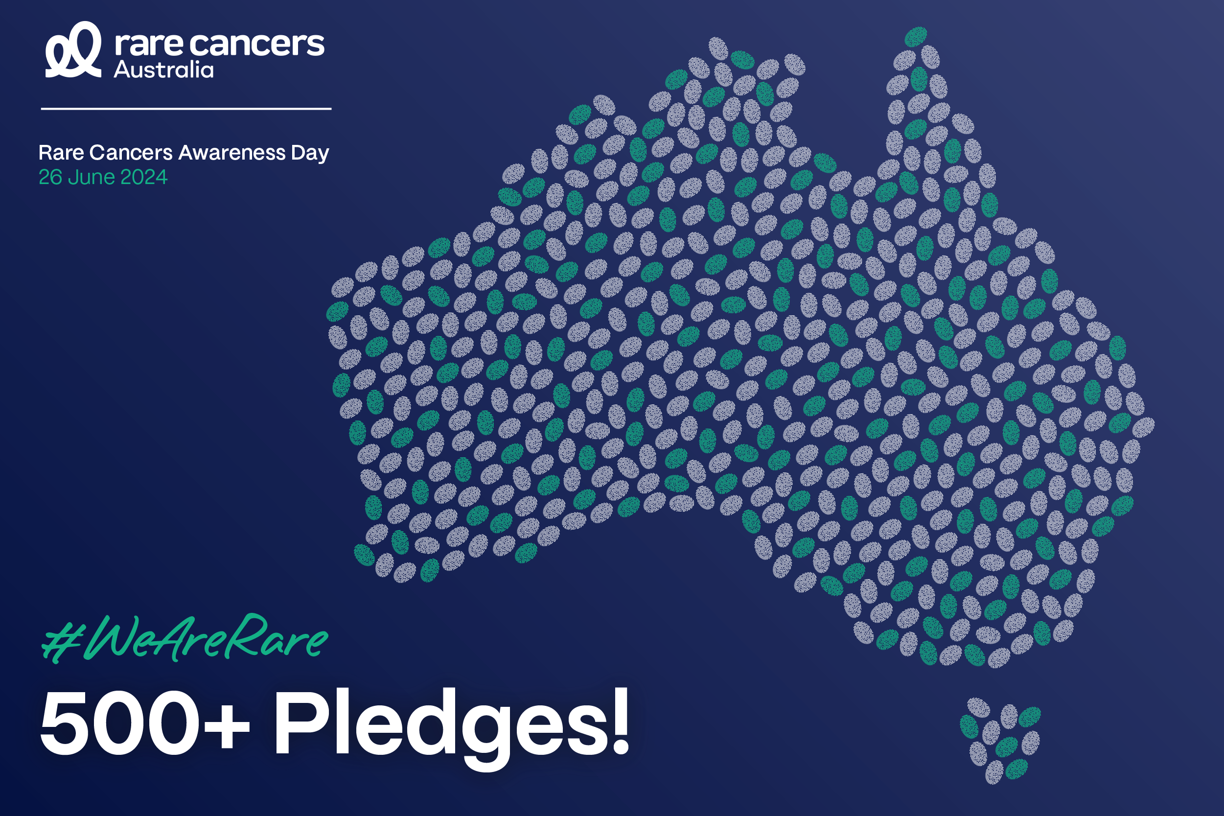 An image from Rare Cancers Australia's Rare Cancers Awareness Day 2024. It contains a map of Australia filled with digital fingerprints for people who pledged during the 2024 campaign.