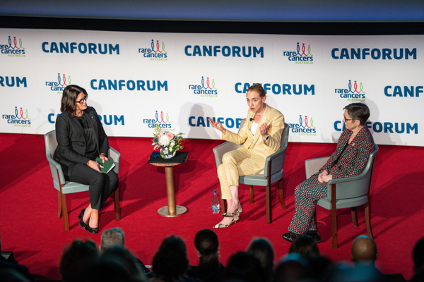 RCA CEO Christine Cockburn (left) on stage during a firseide chat at CanForum24 with Professor Georgina Long AO (middle) and Professor Dorothy Keefe PSM.