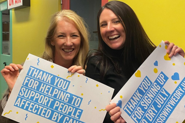 Two women holding signs thanking people for signing up and supporting Dry July, in front of a bright yellow wall.