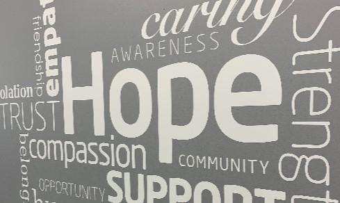 A wordcloud on a wall with Hope at the centre